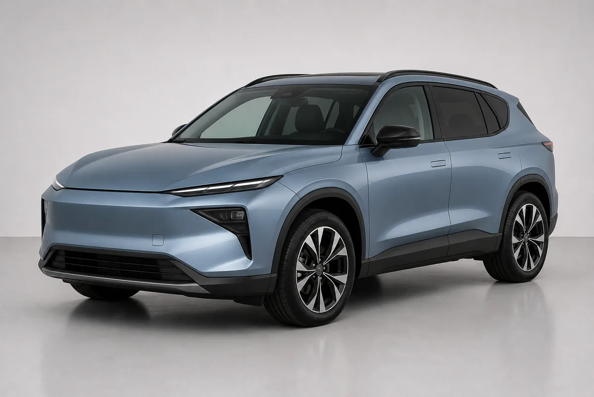 Slate blue compact electric family SUV with slim LED headlights, front three-quarter view