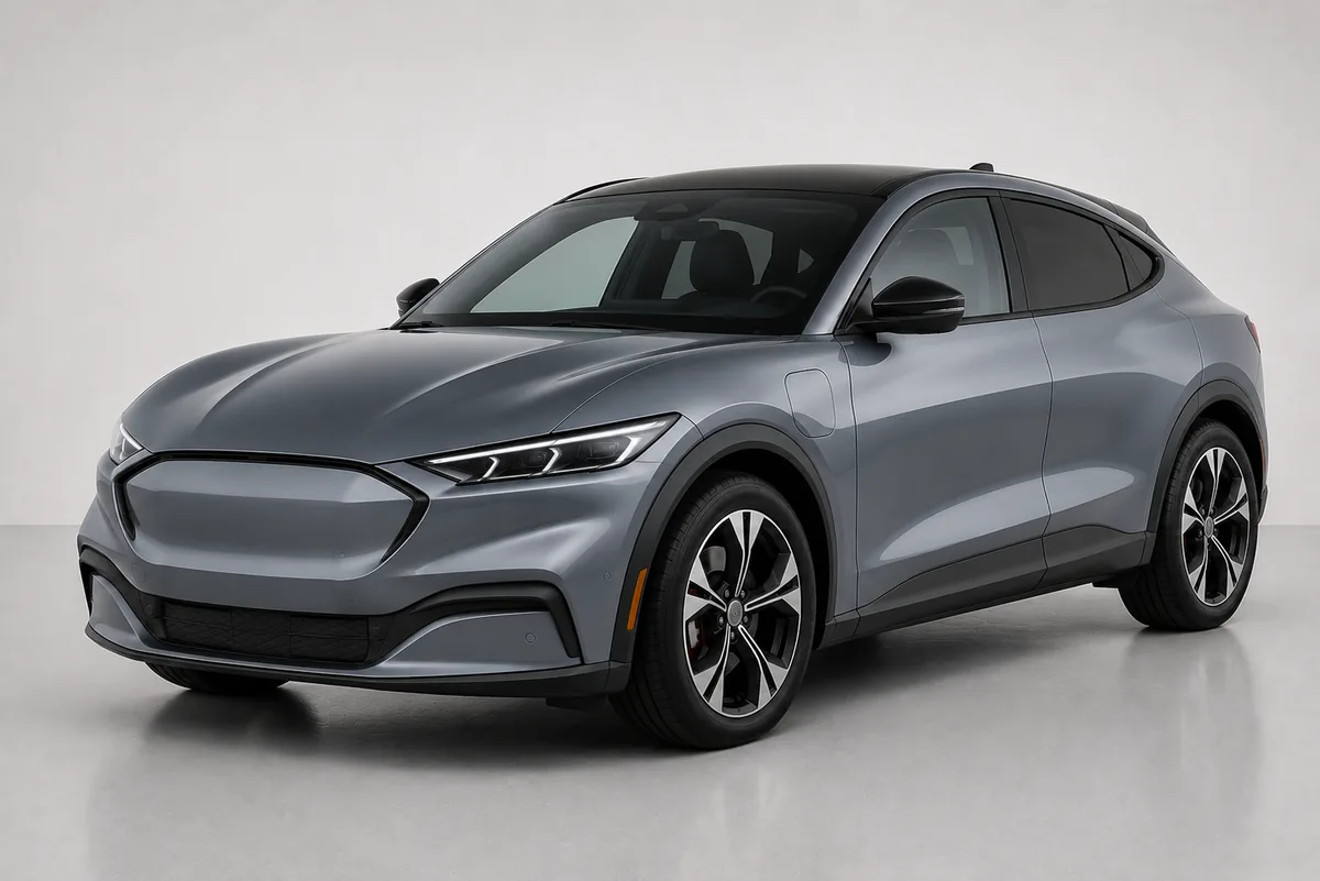 Carbonized grey electric performance crossover with muscular haunches, front three-quarter view