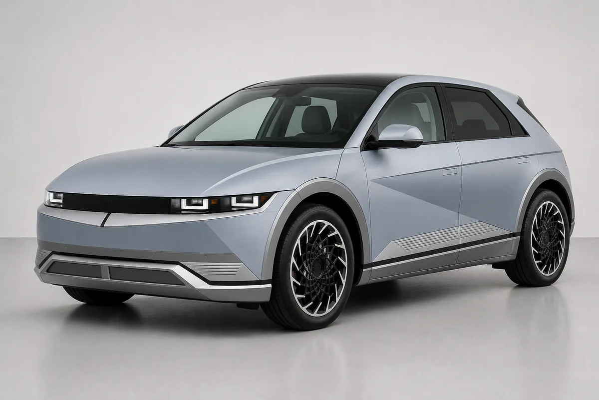 Cyber grey retro-futuristic electric crossover with pixel-style lights, front three-quarter view