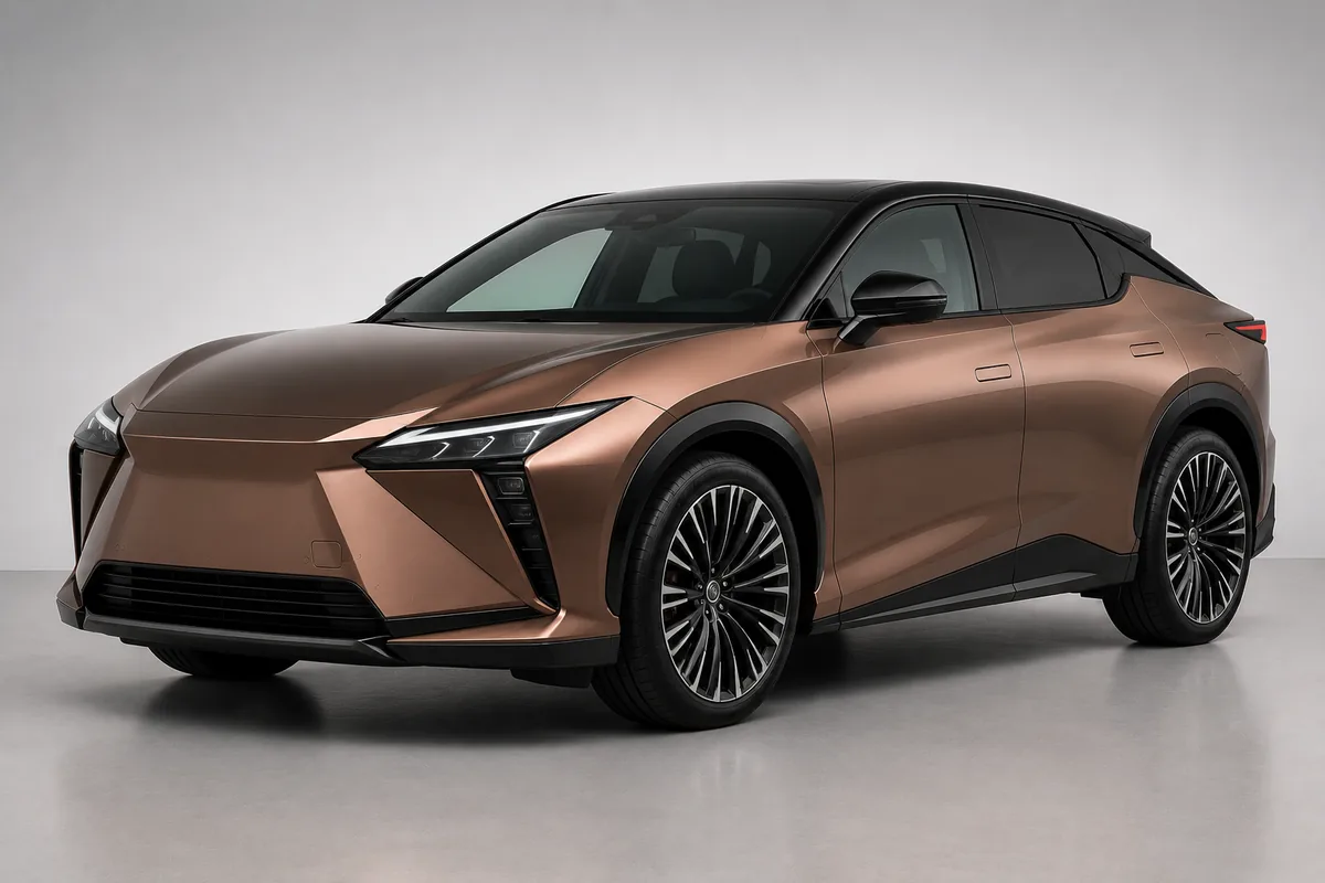 Copper bronze luxury electric crossover with spindle-shaped body-color front, front three-quarter view