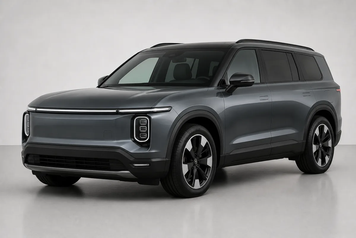 Dark grey three-row adventure electric SUV with full-width light bar, front three-quarter view