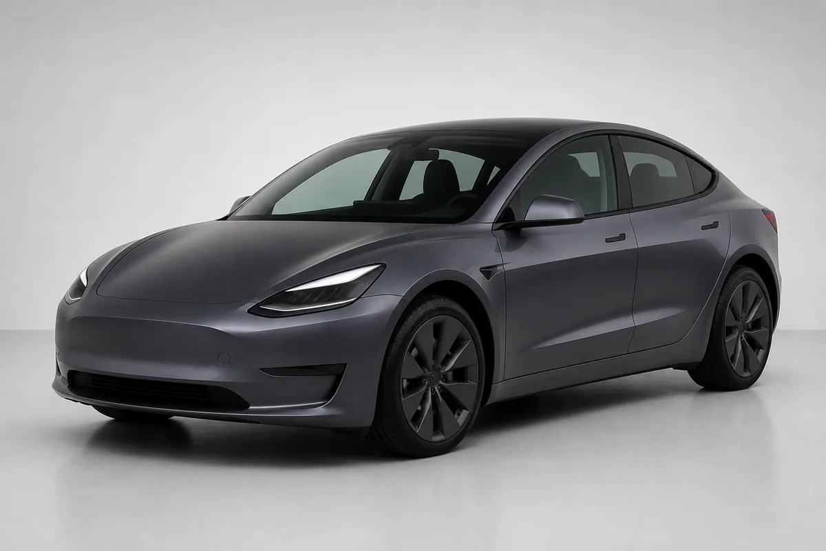 Midnight grey electric sports sedan with coupe-like roofline, front three-quarter view