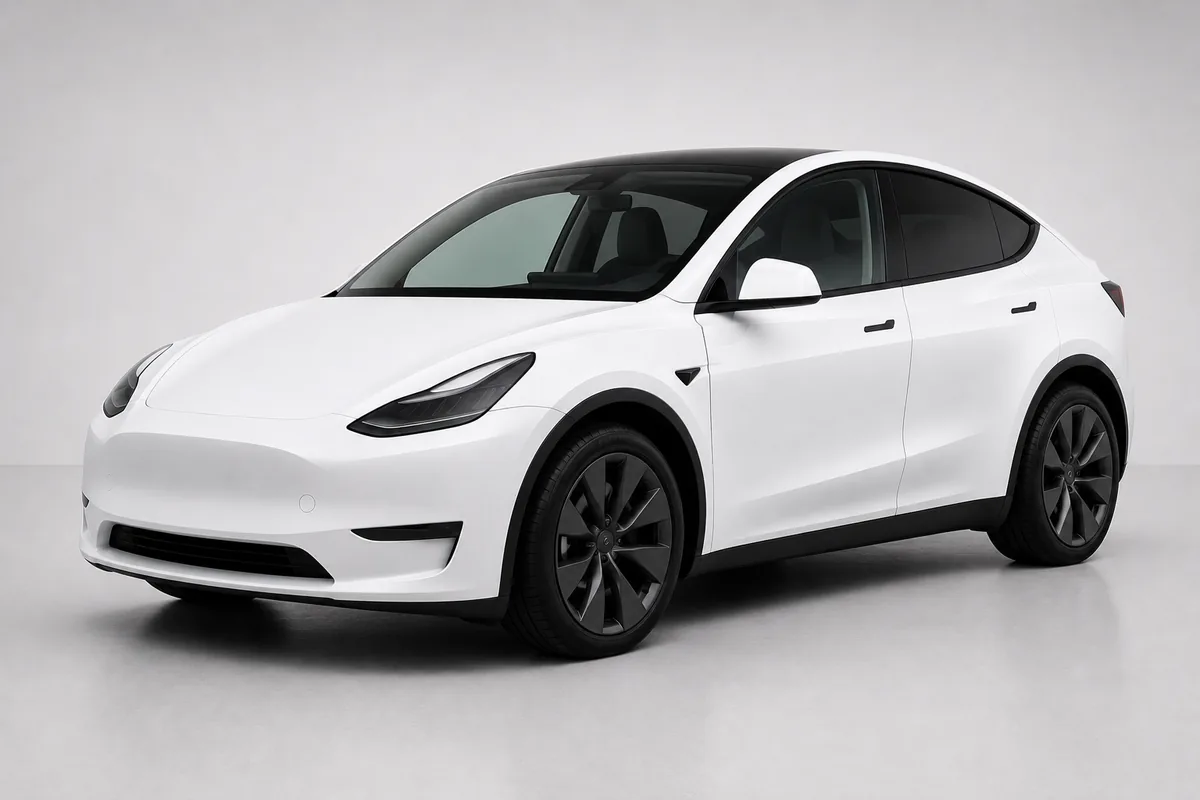 Pearl white electric mid-size crossover SUV with fastback roofline, front three-quarter view