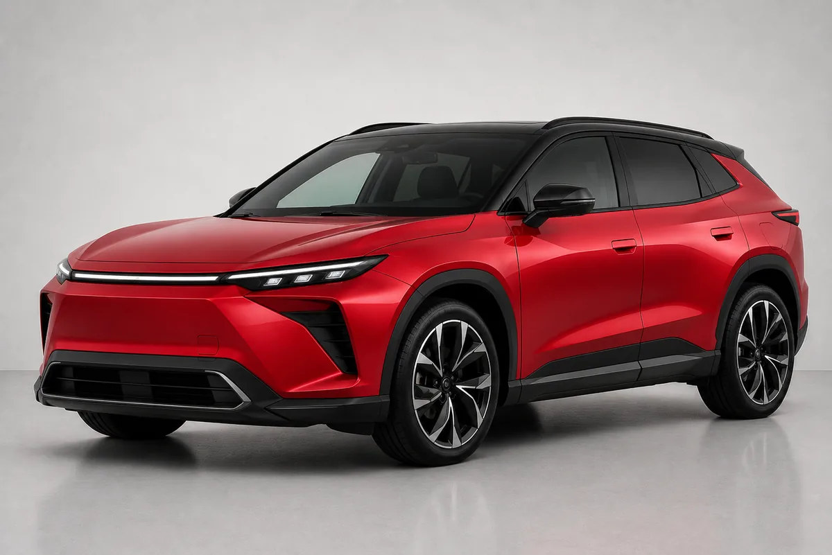 Red electric compact SUV with black roof and full-width LED light bar, front three-quarter view